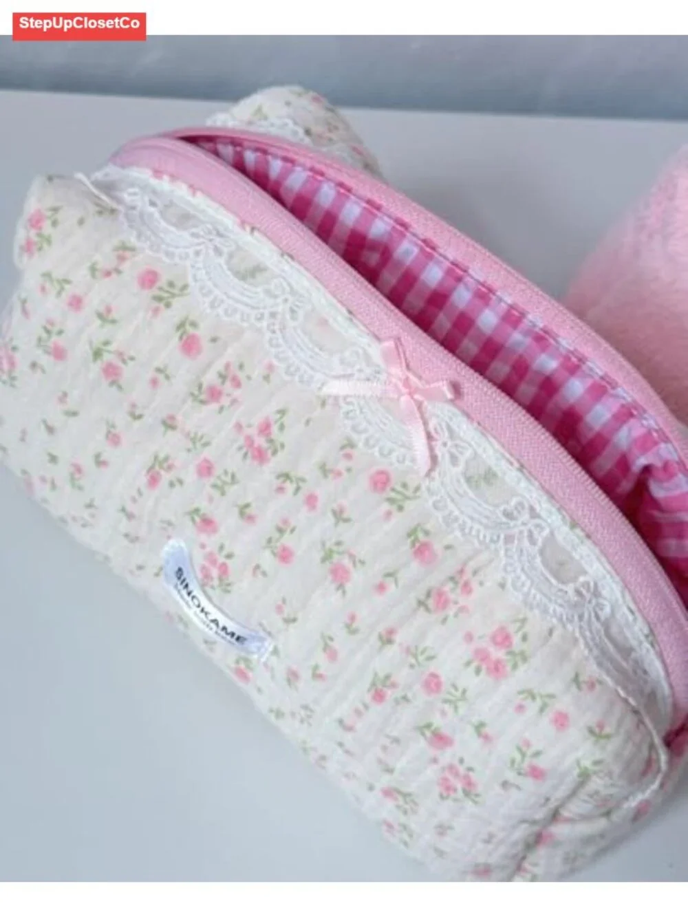 Handmade Quilted Cotton Makeup Bag Floral Bow Cute Cosmetic Pouch